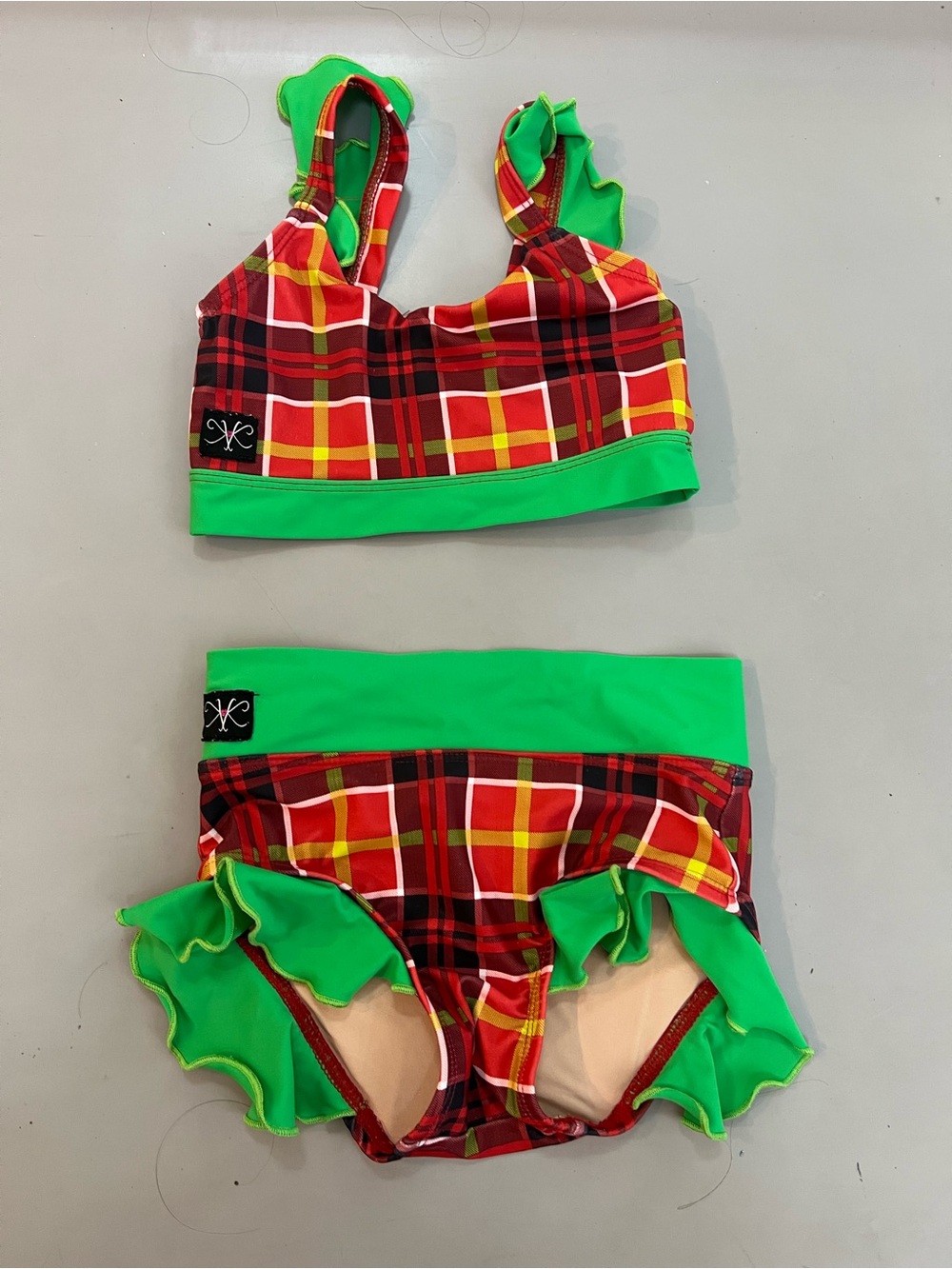 Girls Red & Green Plaid Two-Piece dance Set with Ruffle Trim